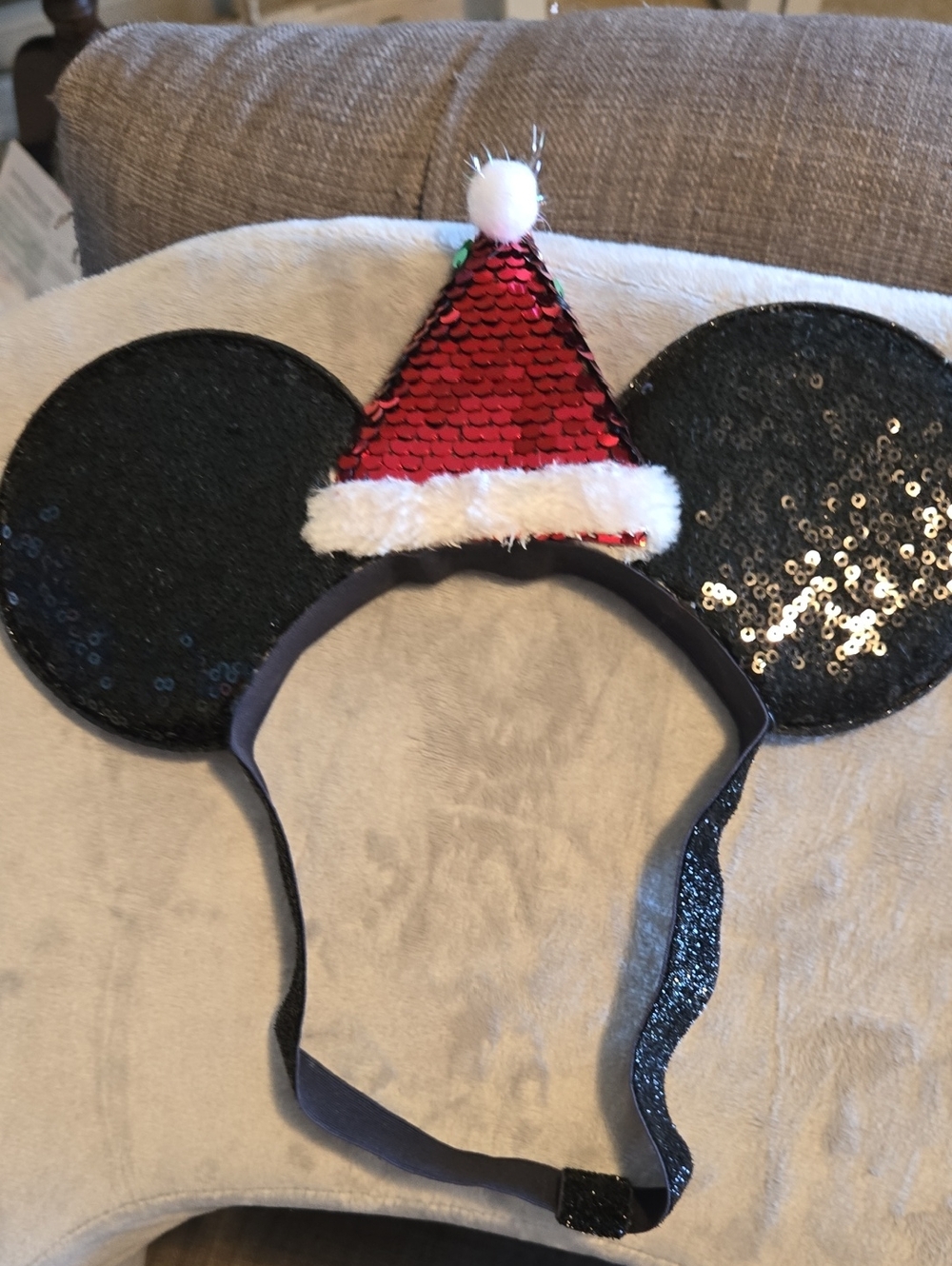 Sequin Black Mickey Ears Headband with Red Santa Hat